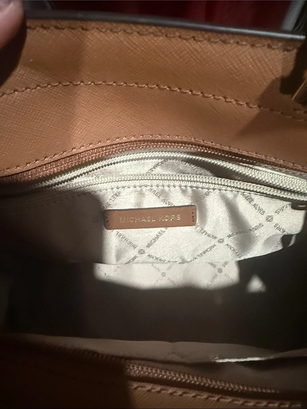 Michael Kors Tan Saffiano Leather Satchel with Gold MK Charm
